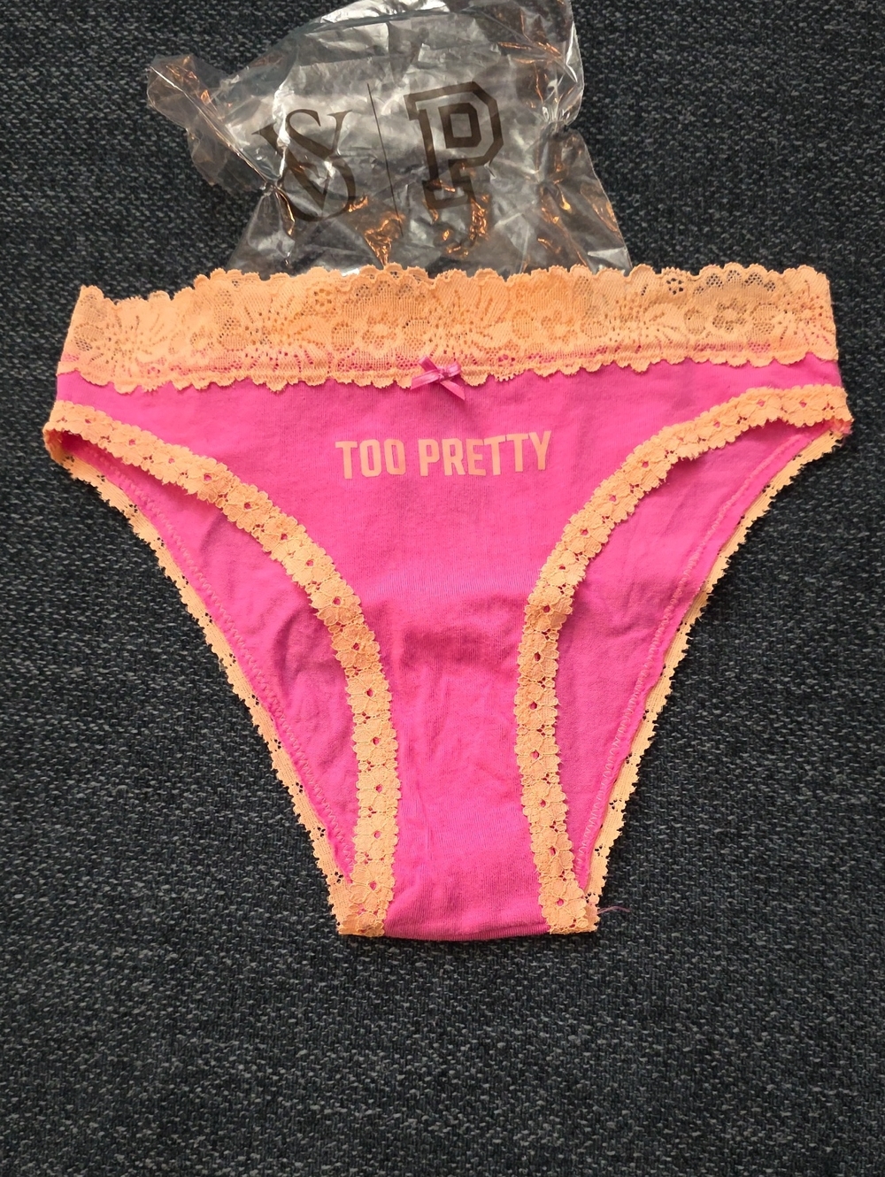 PINK Victoria's Secret Hot Pink Bikini Panty with Peach Lace
